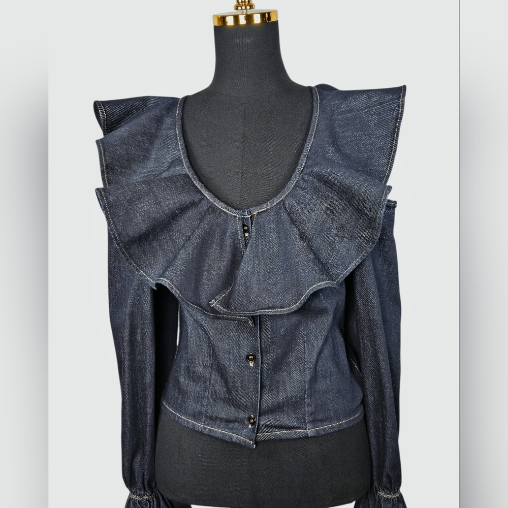 The Attico Ruffle Denim Blouse Scoop Neck Cold Shoulder Made in Italy | US Small - Picture 8 of 11